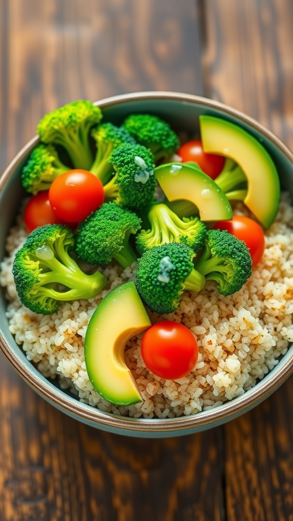 A bowl of quinoa and broccoli topped with cherry tomatoes and avocado, served on a wooden table.